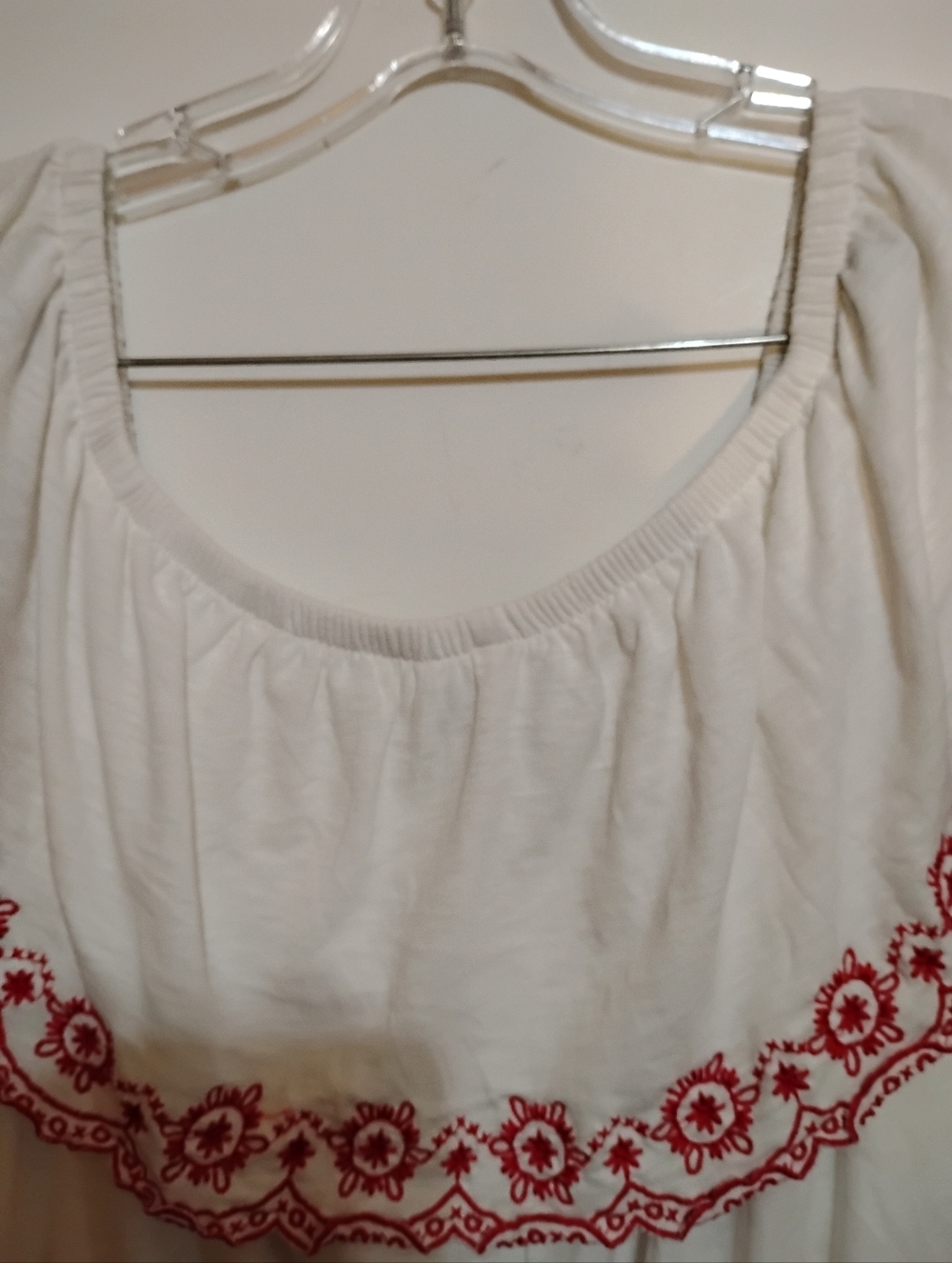 LANE BRYANT White Embroidered Off-Shoulder 60%Cotton FLARE Top Red Trim 14/16 - Picture 9 of 10